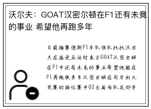 沃尔夫：GOAT汉密尔顿在F1还有未竟的事业 希望他再跑多年